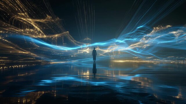 Futuristic human figure in a serene dreamscape engaged in sound healing with 432 Hz frequencies