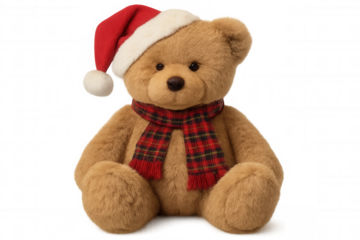 Teddy bear wearing red santa hat and plaid scarf celebrating christmas and winter holidays