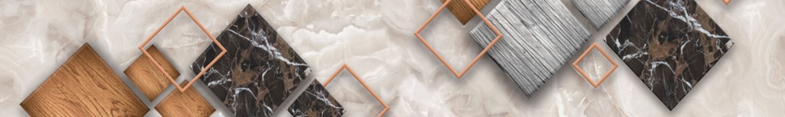 Modern geometric wall panel design with marble, wood and metallic diamond shapes on beige background