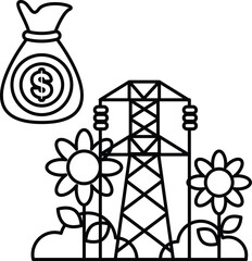 A black and white drawing of a person holding a bag of money and a power line