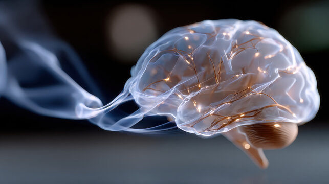 Featuring an abstract brain design with flowing lights and dynamic smoke, this artwork embodies the complexity of human thought and emotion, merging innovation with artistry.