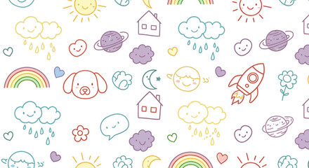 Whimsical Doodle Pattern Rainbows, Clouds, Planets, and Cheerful Icons in a Repeating Design