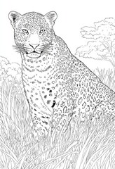 A detailed black and white illustration of a leopard stealthily positioned amidst tall grass and foliage.