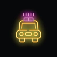 Bright yellow neon police car sign flashing on a black background
