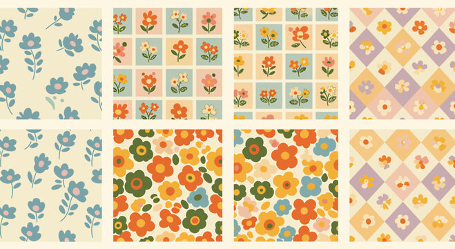 Vibrant collection of retro floral seamless patterns, featuring charming vintage-inspired daisy and bloom designs in diverse artistic styles, perfect for fabric, wallpaper, and digital backgrounds