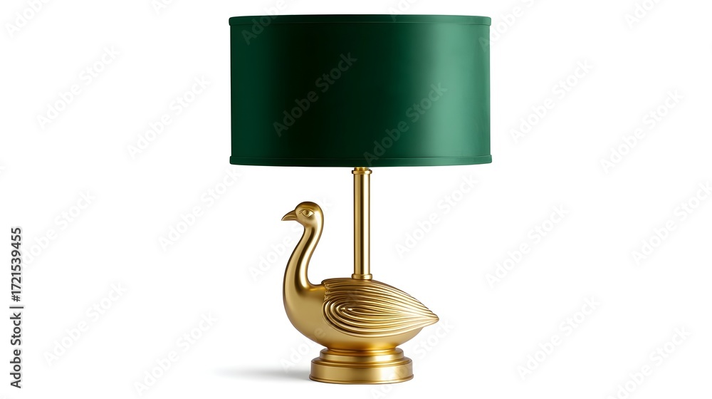 Poster elegant and sophisticated gold swan-shaped table lamp with a luxurious green fabric lampshade, addin