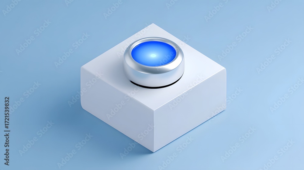 Poster a minimalist and futuristic-looking blue button resting on a simple white cube platform, representin