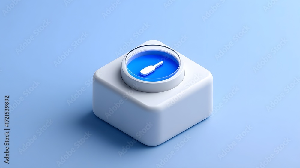 Poster a minimalist, modern white cubic push button with a vibrant blue indicator light, designed for intui