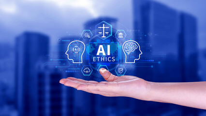 AI ethics expert guides the way, balancing artificial intelligence with humanity, Icons related AI...