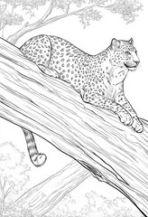 A detailed black and white illustration of a leopard resting on a tree branch, showcasing intricate line work and a serene forest setting.