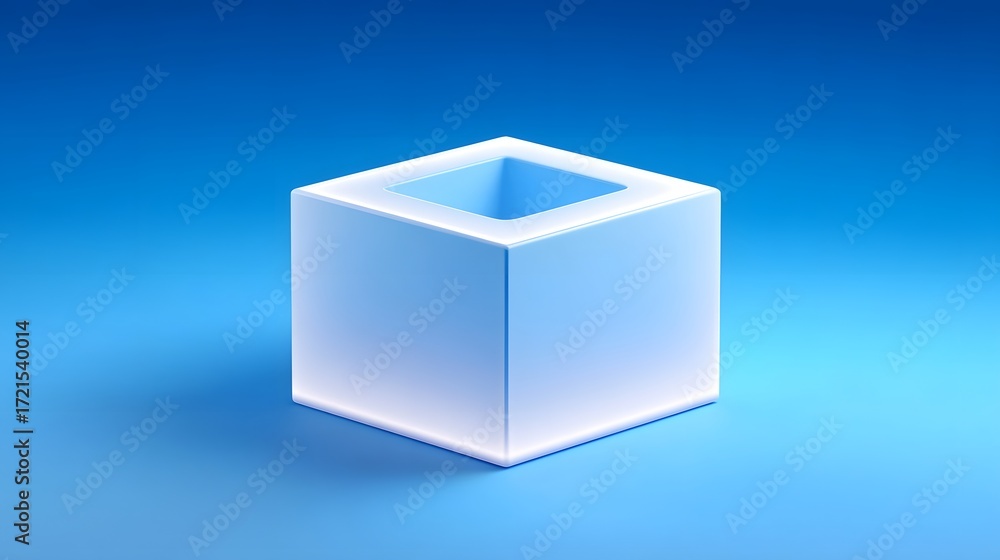 Poster a simple, geometric white cube-shaped object placed against a vivid blue background, creating a mini