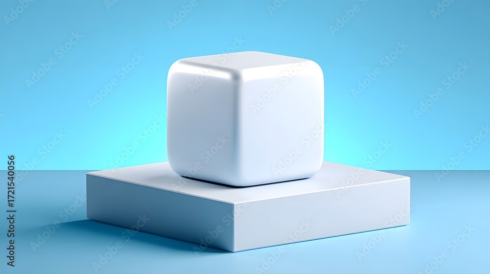 Poster a simple, minimalist white cube-shaped object placed on a white platform or pedestal against a seren