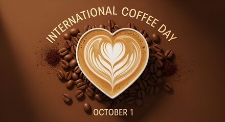 International coffee day celebration with heart shaped latte art and coffee beans
