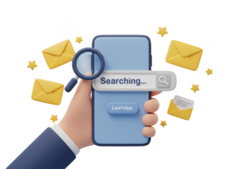 Hand holding a smartphone with a magnifying glass over a search bar isolated on transparent background