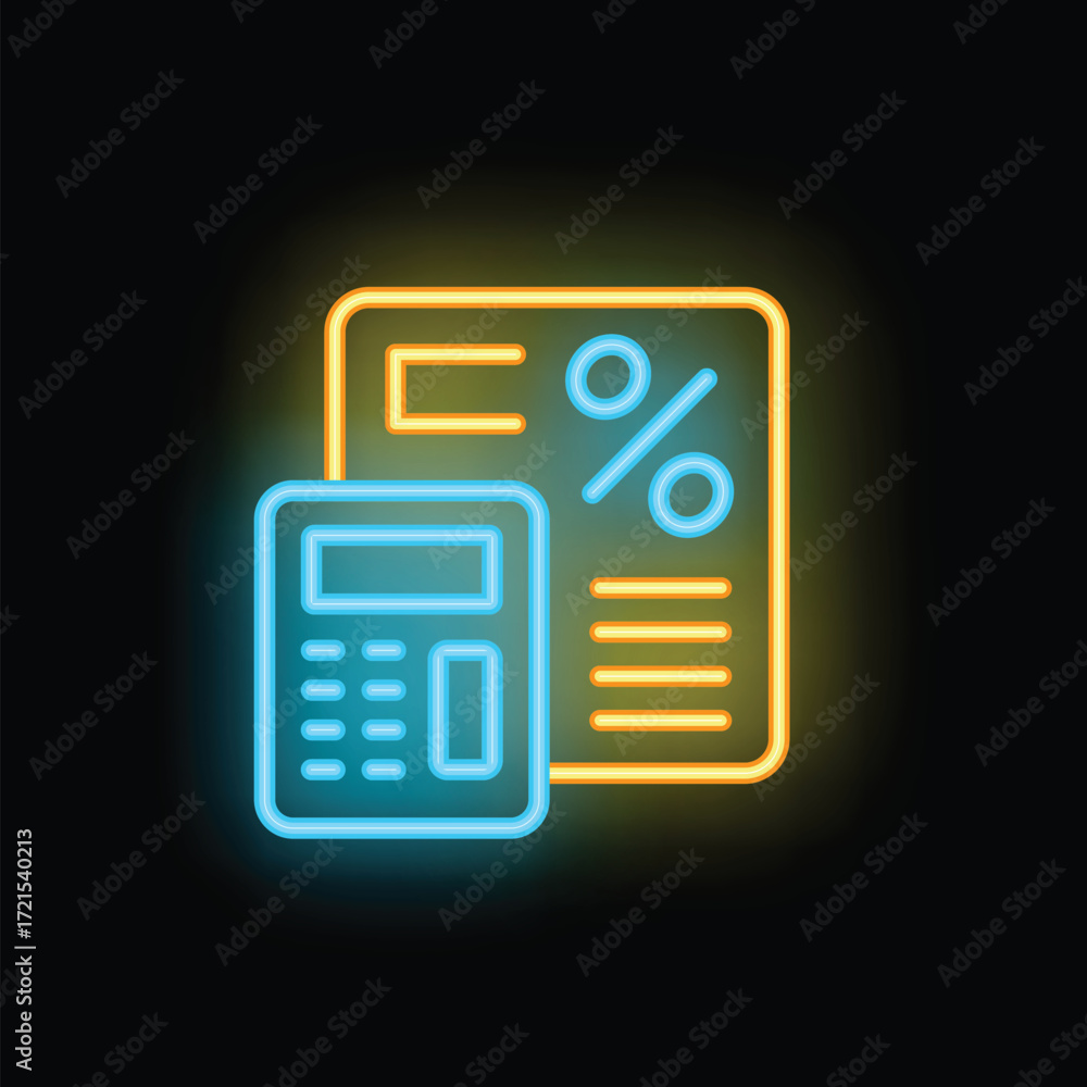 Aufkleber neon icon of a calculator calculating the percentage symbol on a document