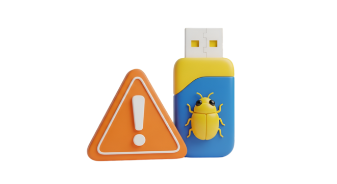 USB Drive with Bug Icon and Warning Sign