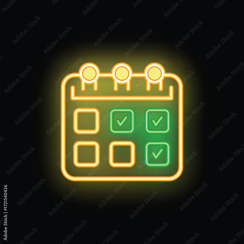 Poster neon calendar icon showing tasks done with check marks on black background