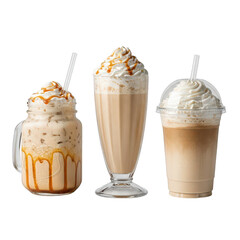 Three iced coffee drinks with whipped cream and caramel drizzle on beverage