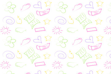 A seamless pattern of colorful doodles including hearts, stars, suns, flowers, a notebook, a pencil, and a ruler on a white background.