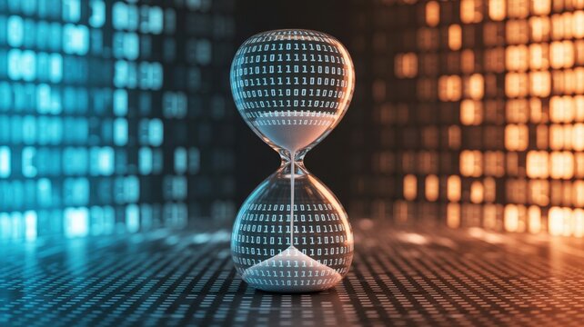 Digital Time's Passage: An hourglass, with flowing sand and data streams. representing the inevitable march of time in the digital realm. A modern concept of technological advancement.