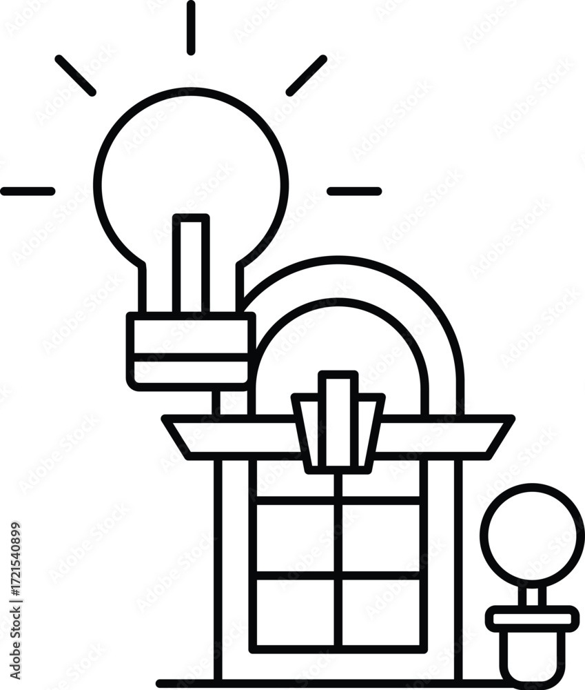 Poster a building with a light bulb on top of it
