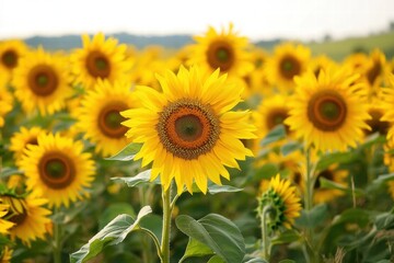 Fototapeta premium Closeup of blooming sunflowers in field