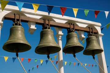Fototapeta premium Four antique bells hanging on a white wooden structure with colorful triangular flags.