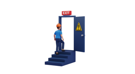 Worker Ascends Stairs Towards Open Exit Door with Warning Sign