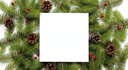 Festive Greenery Frame with Empty White Square for Text or Design