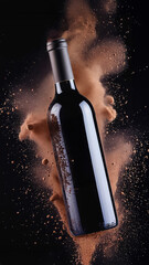 Luxury wine bottle in elegant studio shot with cocoa powder explosion on dark background, dramatic still life composition