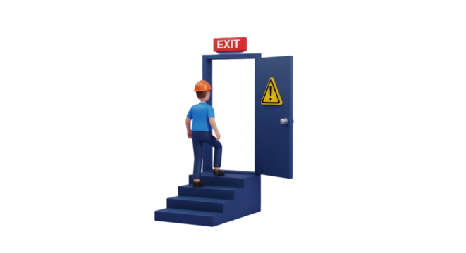 Worker Ascends Stairs Towards Open Exit Door with Warning Sign