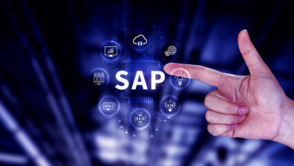 SAP system concept, SAP System Application Products, Business process automation and management software concept, management solutions.