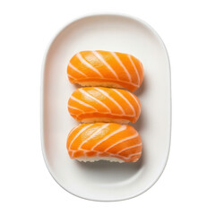 Three salmon nigiri sushi pieces arranged vertically on a white oval plate food japanese