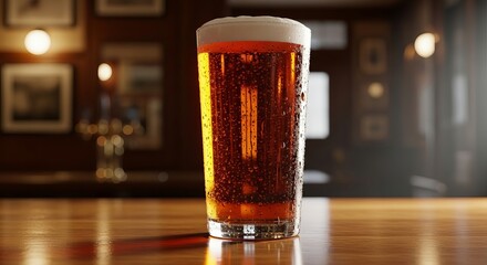 Refreshing pint of amber beer with frothy head on a wooden bar top