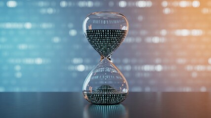 Data Flow Through Time: An hourglass, symbolizing the passage of time, is filled with data, representing the digital age, innovation, and technological advancement.