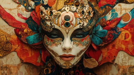 Abstract artistic creation of a mysterious face adorned with a vibrant, jeweled headdress and an ornate theatrical mask