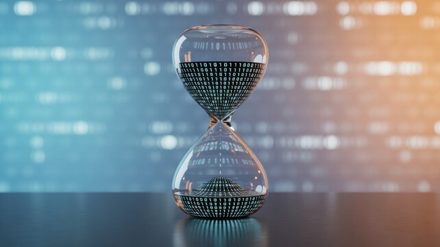 Data Flow Through Time: An hourglass, symbolizing the passage of time, is filled with data, representing the digital age, innovation, and technological advancement.