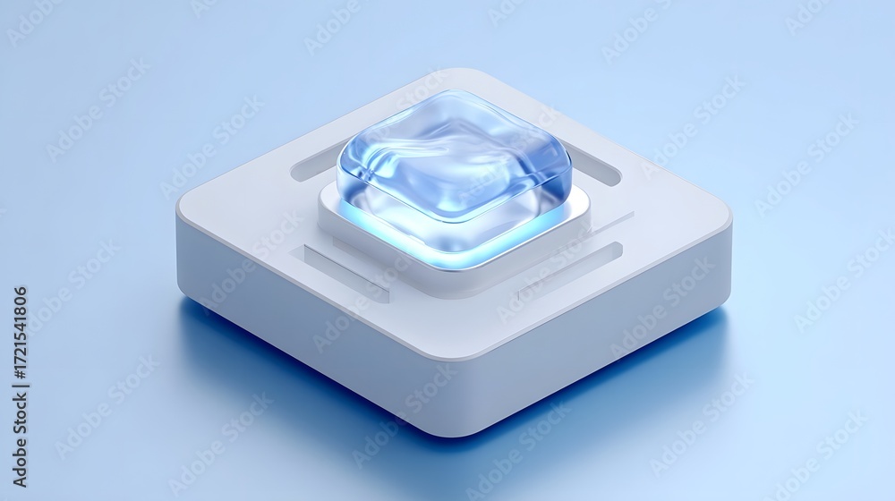 Poster a minimalist, abstract design featuring a transparent glass cube with a mesmerizing blue lighting ef