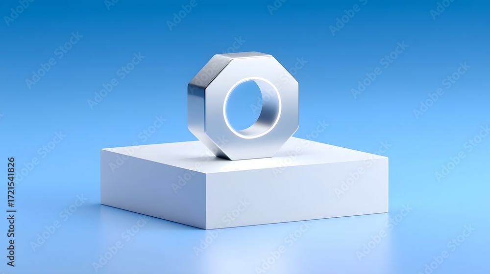 Poster a simple, minimalist composition featuring a white cube-shaped object with a silver geometric elemen