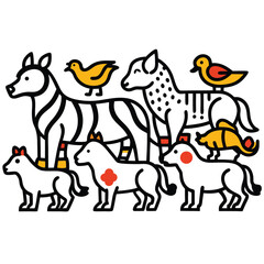 Collection of stylized farm animals and birds in a group