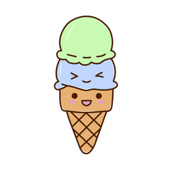 Cute kawaii ice cream cone doodle with smiling face PNG 
