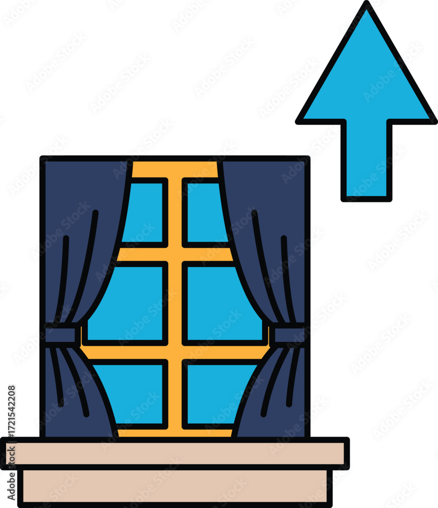 Poster a window with a curtain is shown with a line going up