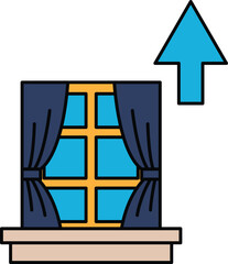 A window with a curtain is shown with a line going up