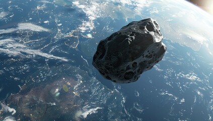 A large, dark asteroid approaches Earth, seen from space.  City lights are visible on the planet's surface below