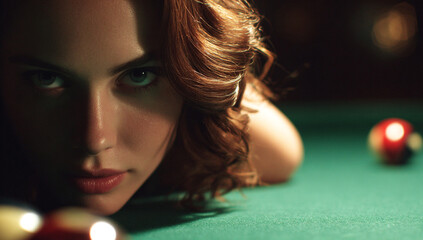 Woman Leaning Over Pool Table About to Take a Shot