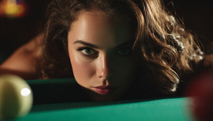 Woman Leaning Over Pool Table About to Take a Shot