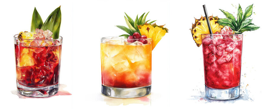 Watercolor set of jungle bird cocktails with pineapple garnish and ice in vibrant glasses, tropical rum drinks in artistic hand-painted style for summer and bar design
