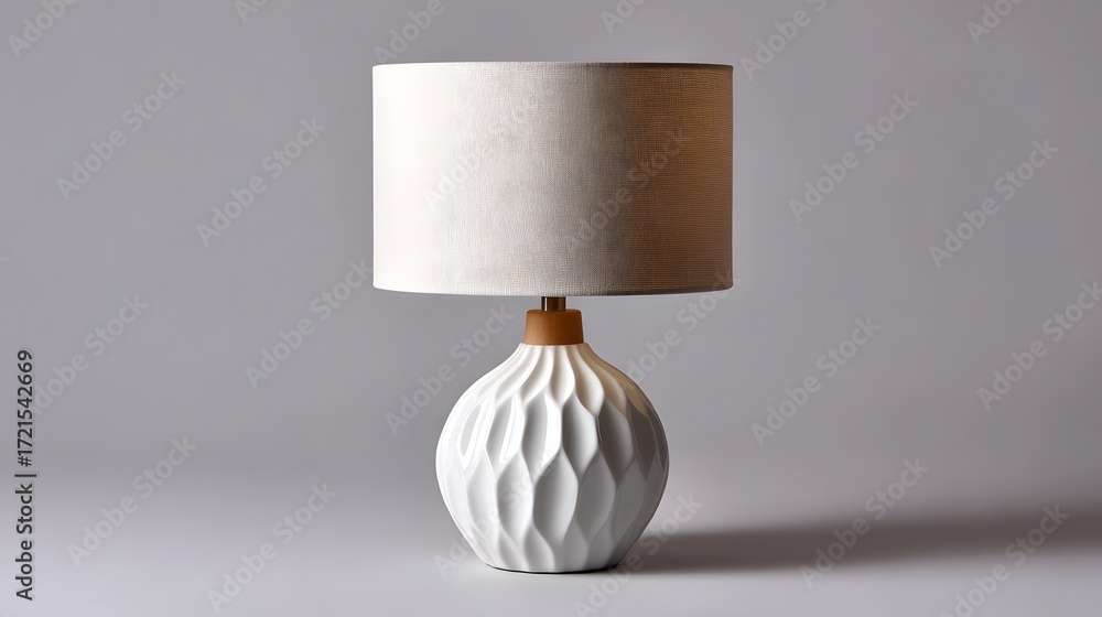 Poster a stylish, minimalist table lamp with a textured, white ceramic base featuring a geometric pattern d