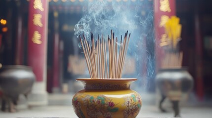 Incense burning in ornate vase at temple