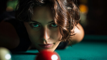 Woman Leaning Over Pool Table About to Take a Shot